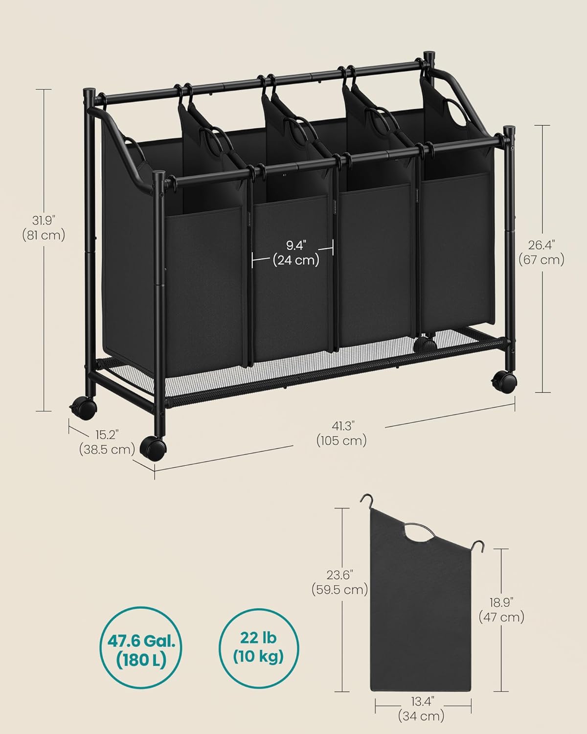 SONGMICS Cos de rufe mobil cu 4 saci detasabili cu manere, 180 litri, cadru metalic, 105x39x81 cm, negru