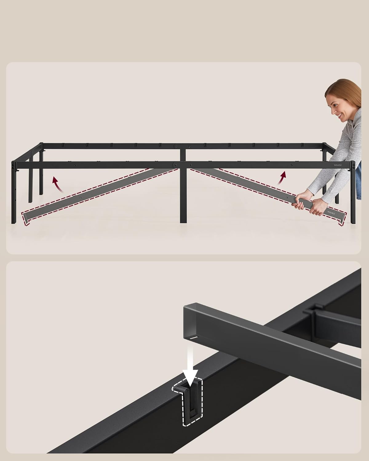 VASAGLE Cadru pat dublu 140x190 cm, structura metalica rezistenta 450 kg, cu spatiu de depozitare, negru