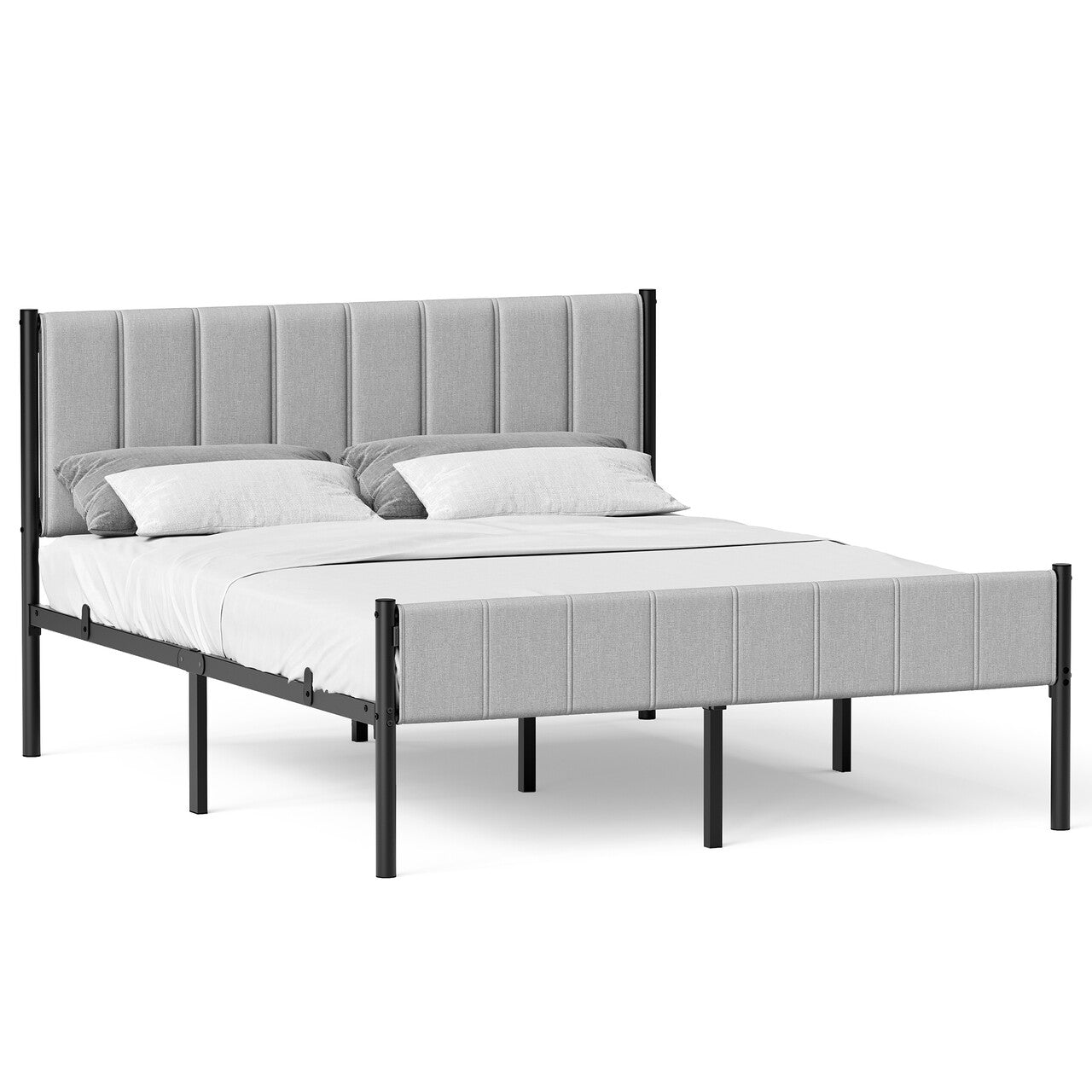 VASAGLE Pat tapitat 160x200 cm, cu tablie capitonata, cadru otel, somiera metalica fixa cu sustinere 500 kg, gri deschis