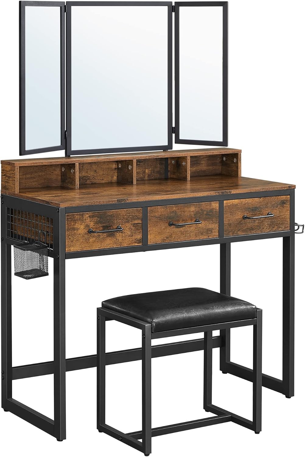 VASAGLE Masuta toaleta 90x40x141 cm, cu 3 sertare, oglinda tripla si taburet, lemn si otel, maro rustic si negru