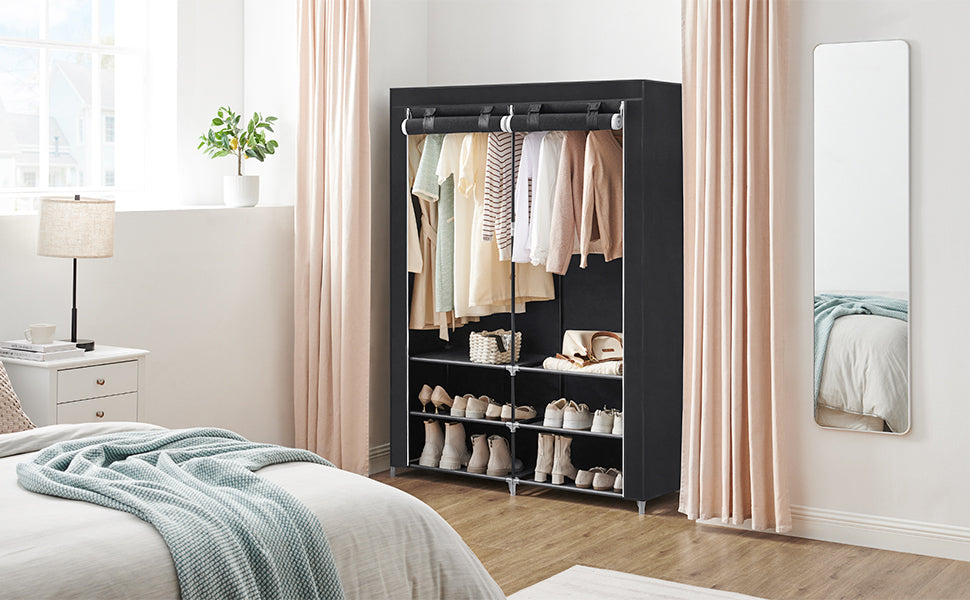 SONGMICS Dulap textil garderoba, 2 compartimente haine cu rafturi, cadru metalic, 127x45x176 cm, negru