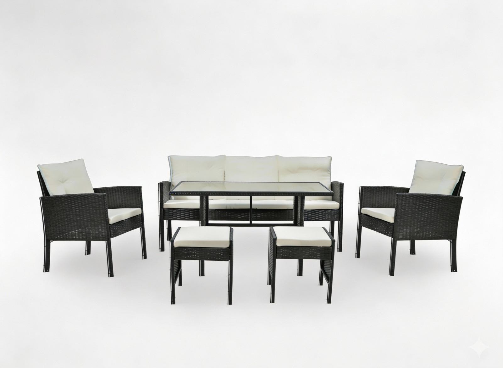 Set mobilier gradina Vaduz 6 piese, canapea 3 locuri, 2 fotolii, 2 tabureti si masa, ratan sintetic, blat sticla, negru si crem