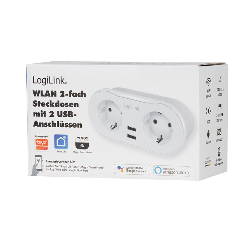 PRIZA INTELIGENTA LOGILINK, Wi-Fi Smart,Schuko x 2, USB x 2 5V/2.4A max. 12W,prot. Supracurent / supratensiune, IP20, compatibil TUYA, Amazon Alexa si Google Home, alb "SH0102" (include TV 0.18lei)