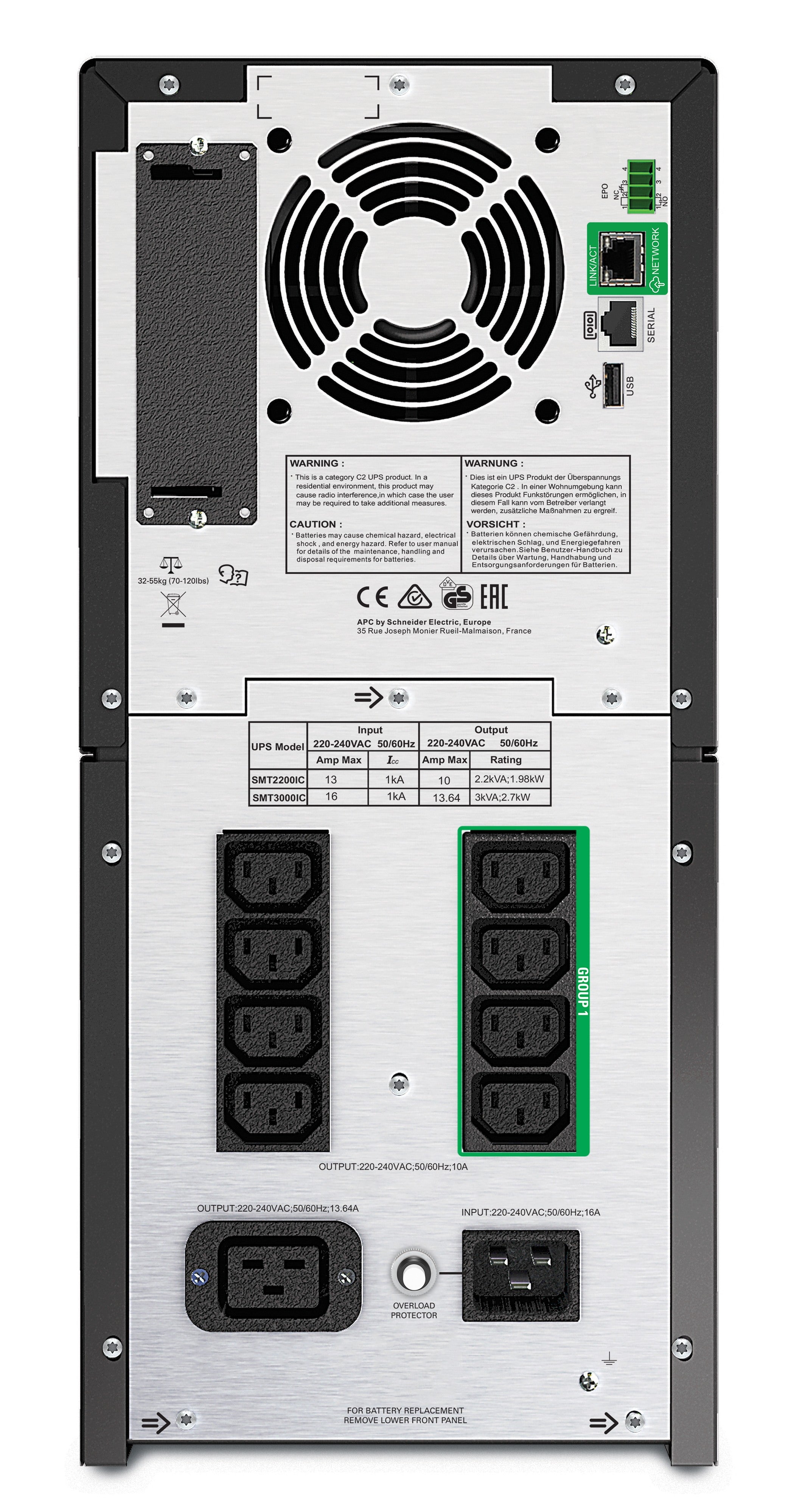 UPS APC,"Smart-UPS SMT",Line Int. sin pura mgmt,tower,3000VA / 2700W,AVR,IECx8,1xRBC55,LCD,11-20 min.,"SMT3000IC",prelungire garantie(WBEXTWAR1YR--04/WBEXTWAR3YR--04)