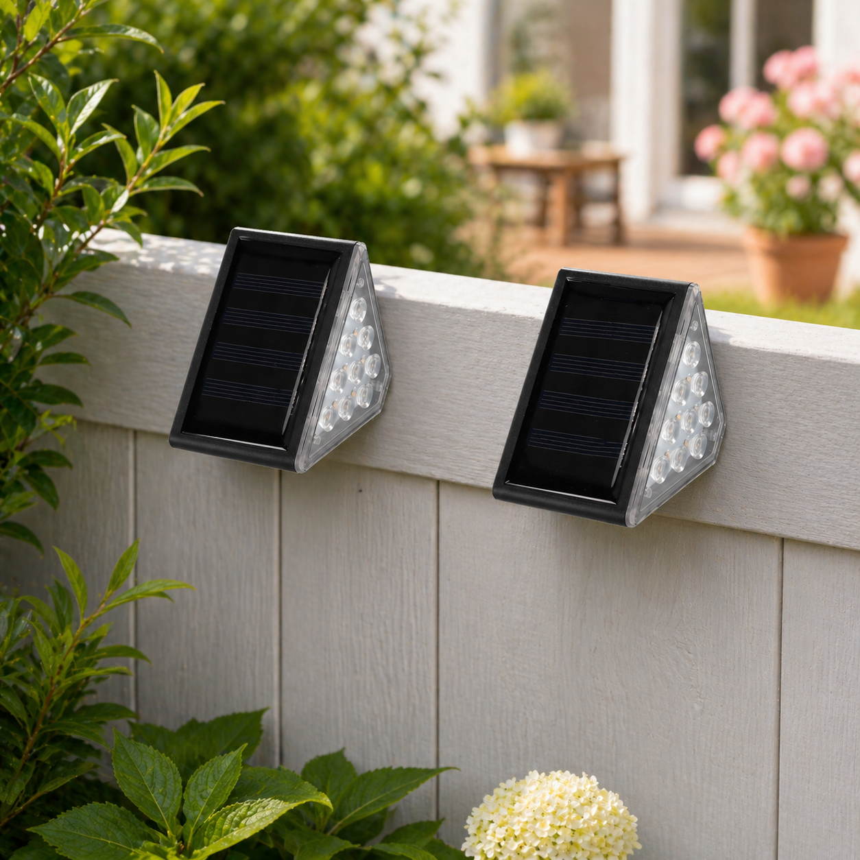Set 2 lampi solare pentru trepte sau gard, 9 LED, alb cald, incarcare solara, 9x5x5 cm, negru