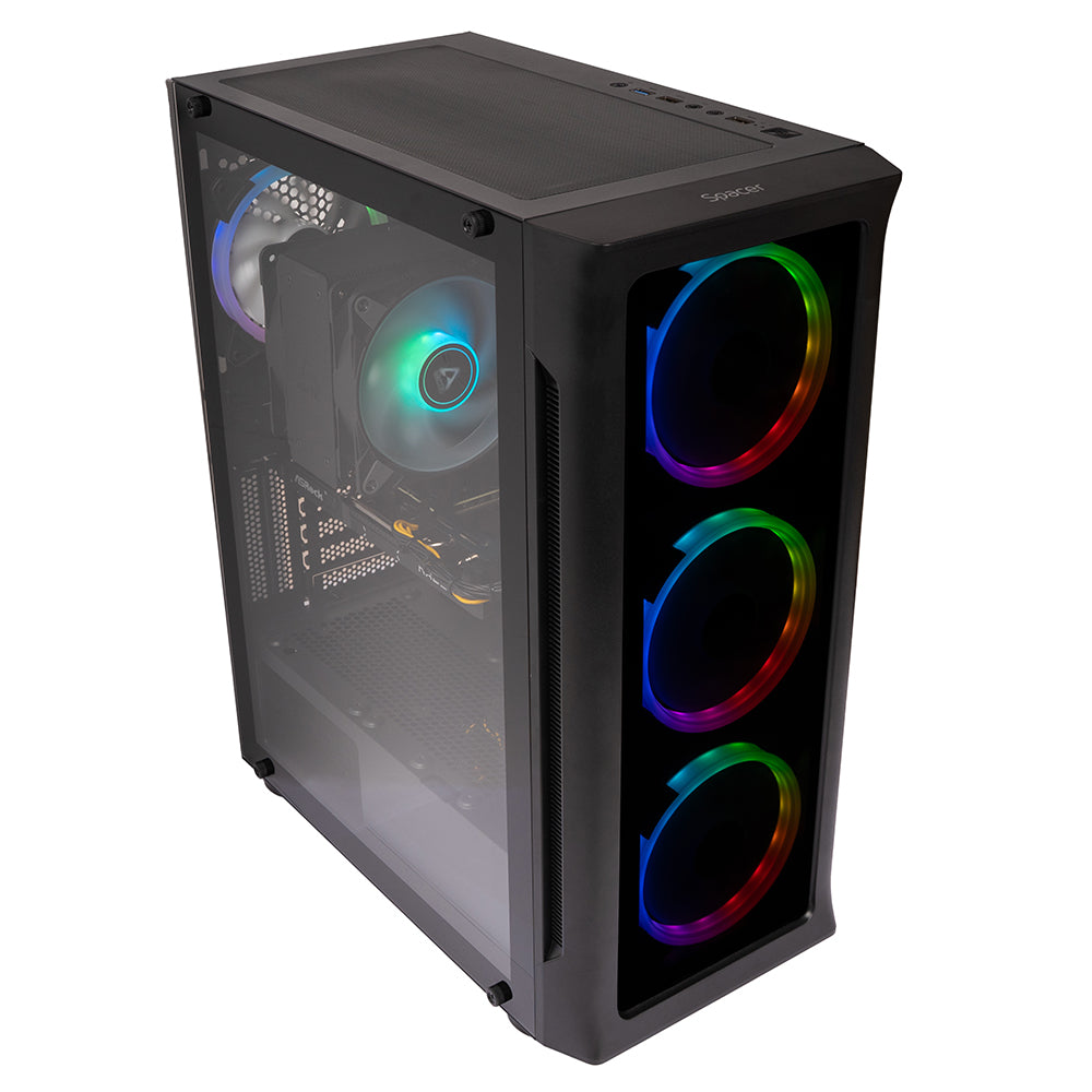 Sistem Desktop PC Gaming Spacer Conqueror, Ryzen 5 9600X, 32 GB DDR5, 2 TB SSD, Radeon RX 9060 XT Challenger 8GB OC, No OS, negru, "SPACER-Conqueror-10VN" - 5949046616149