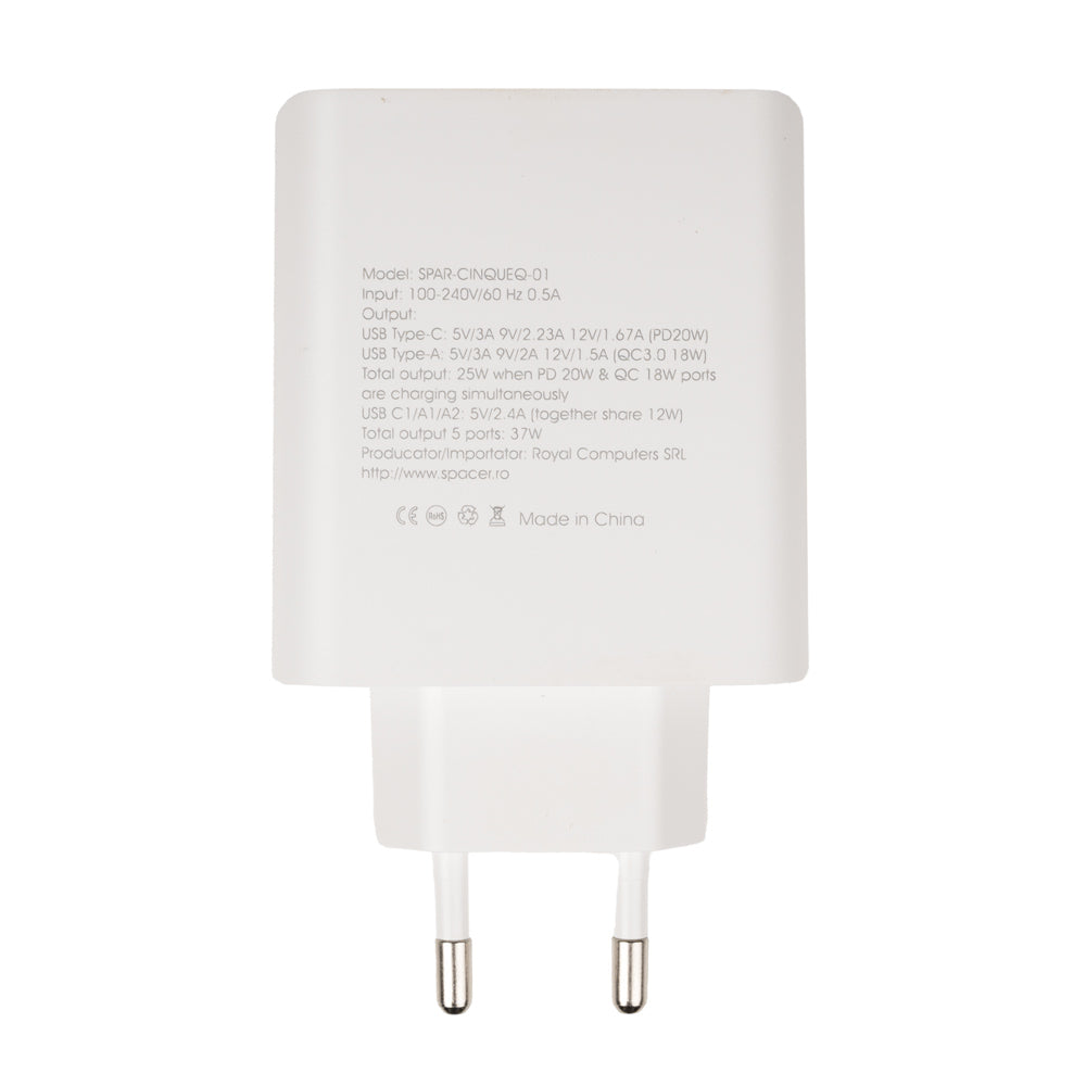 ALIMENTATOR retea SPACER Quick Charge 37W, 1 x USB Type-C 20W + 1 x USB QC 3.0 18W, 2 x USB 2.4A + 1 x USB Type-C 2.4A "SPAR-CINQUEQ-01"