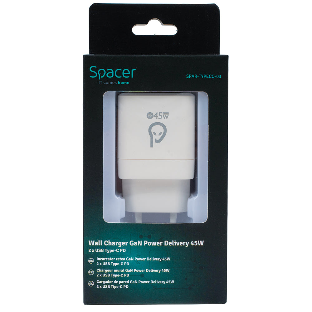 ALIMENTATOR retea SPACER Power Delivery, GaN, 2 x USB Type-C PD (max 45W) "SPAR-TYPECQ-03"