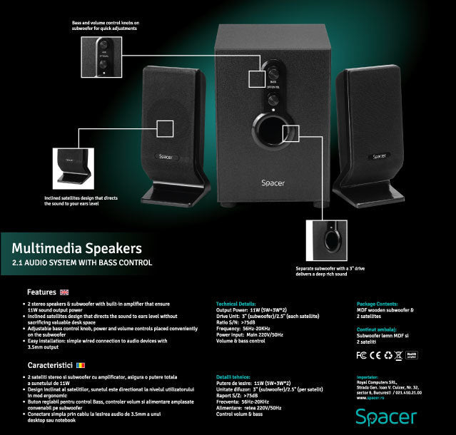 BOXE SPACER 2.1, RMS: 11W (2 x 3W + 5W), control volum, bass, 220V alimentare, black, "SPB-2200" 261900