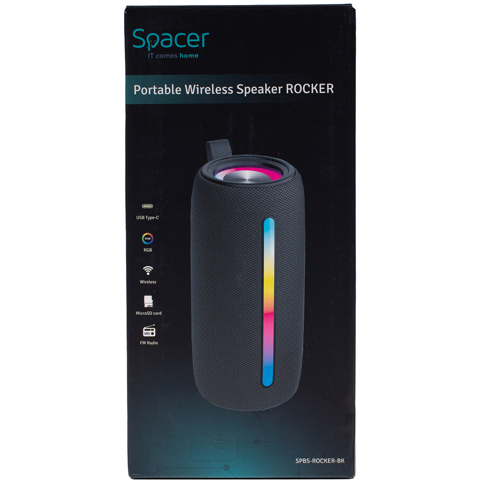 BOXA SPACER portabila bluetooth, ROCKER-BK, RMS: 10W (5W x 2), RGB, acumulator 1800mAh, timp de functionare pana la 5 ore, pana la 10m, AUX, FM radio, microSD, USB, incarcare USB Type-C, BLACK, "SPBS-ROCKER-BK"