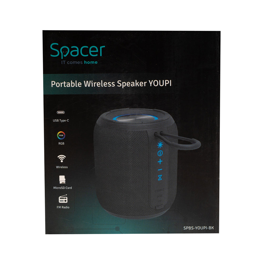 BOXA SPACER portabila bluetooth, YOUPI-BK, RMS: 6W, RGB, acumulator 1800mAh, timp de functionare pana la 5 ore, pana la 10m, AUX, FM radio, microSD, incarcare USB Type-C, IPX5, BLACK, "SPBS-YOUPI-BK"
