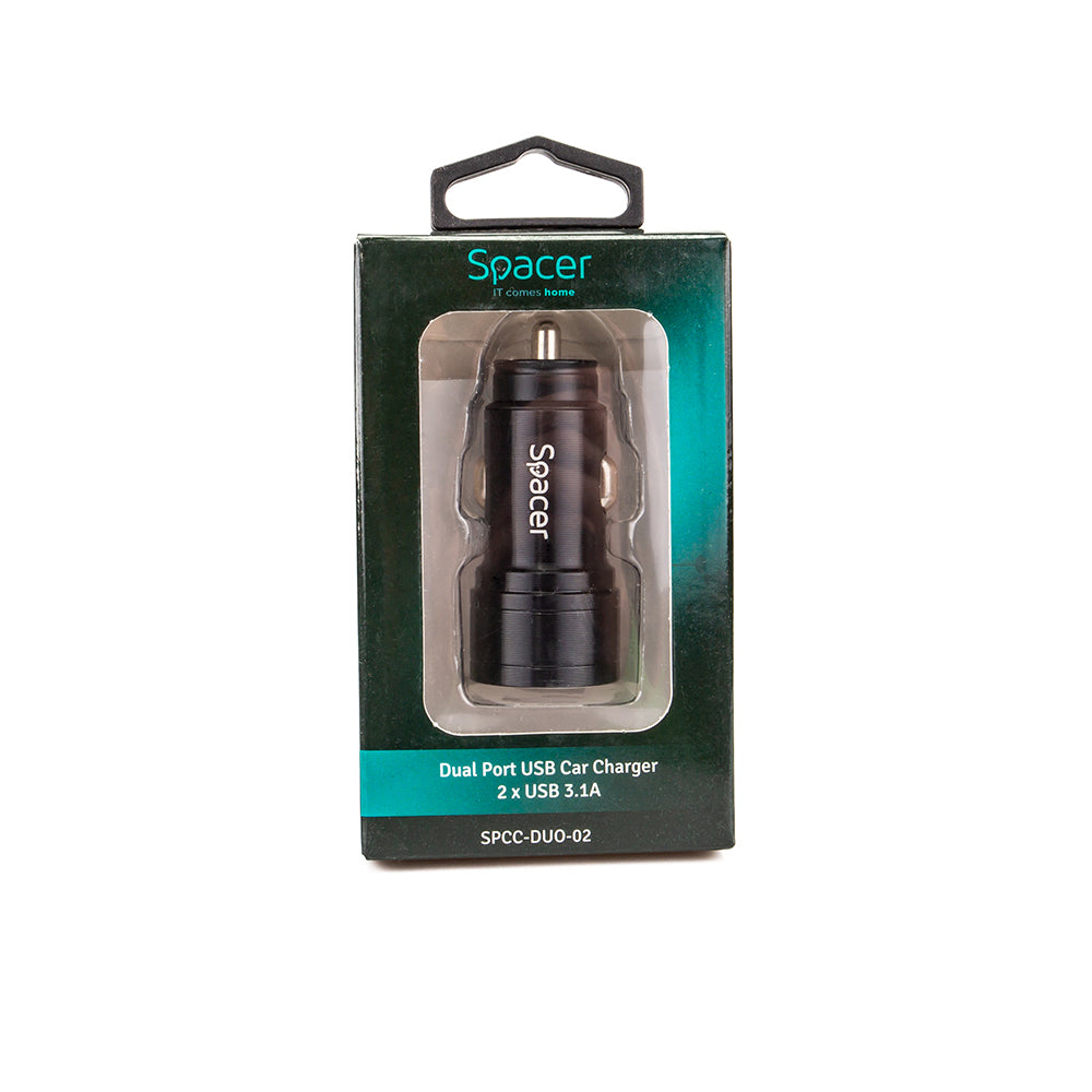 ALIMENTATOR auto SPACER Fast Charge 17W 5V/3.1A max, putere totala 17W, 2 x USB, pt. bricheta auto, black, "SPCC-DUO-02"