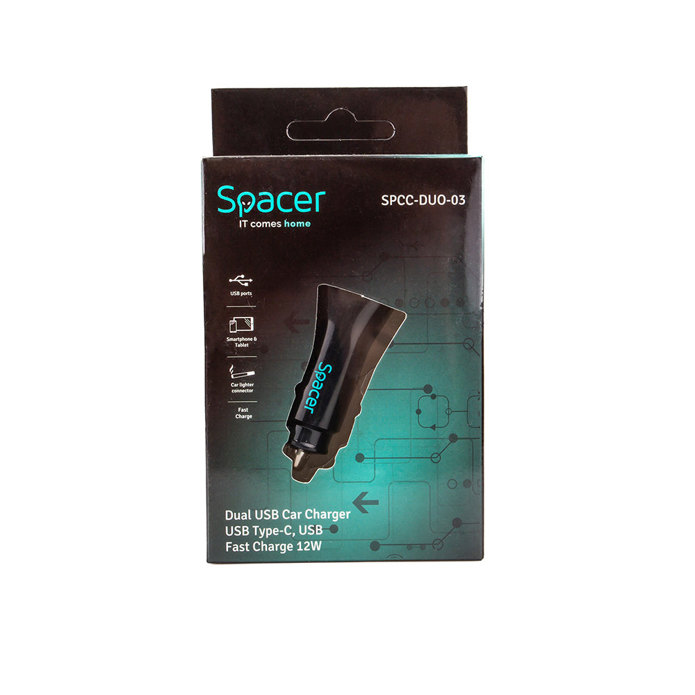 ALIMENTATOR auto SPACER Fast Charge 12W, 5V/2.4A max, putere 12W, 1 x USB + 1 x USB Type-C, pt. bricheta auto, black, "SPCC-DUO-03"