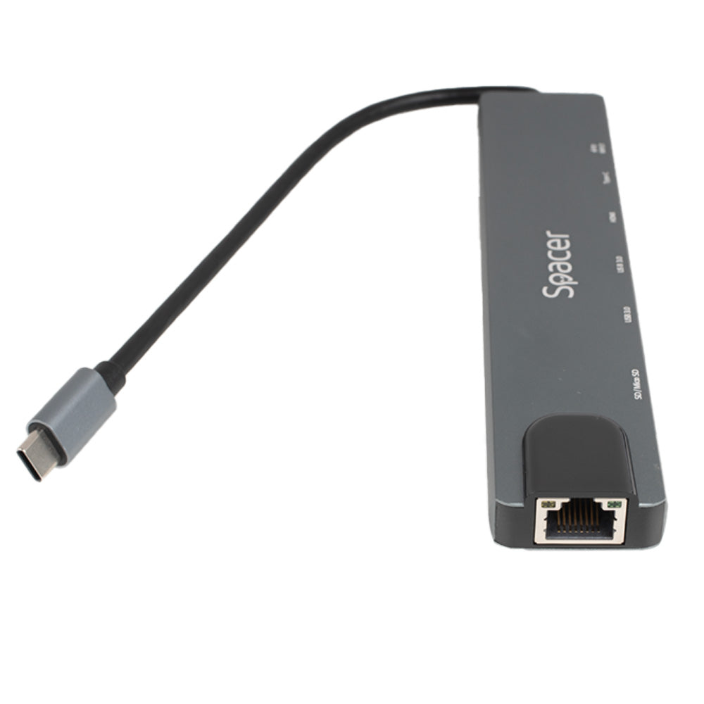 DOCKING Station Spacer universal 8 in 1, conectare Type-C, USB 3.0 x 2|USB Type C x 1|PD 100W x 1|HDMI x 1 4K (30Hz)|RJ-45 (1000Mb/s)| SD Cardx1| TF (MicroSD)x1, Gri, Aluminiu, "SPDS-TypeC-CHUPSG-8in1"