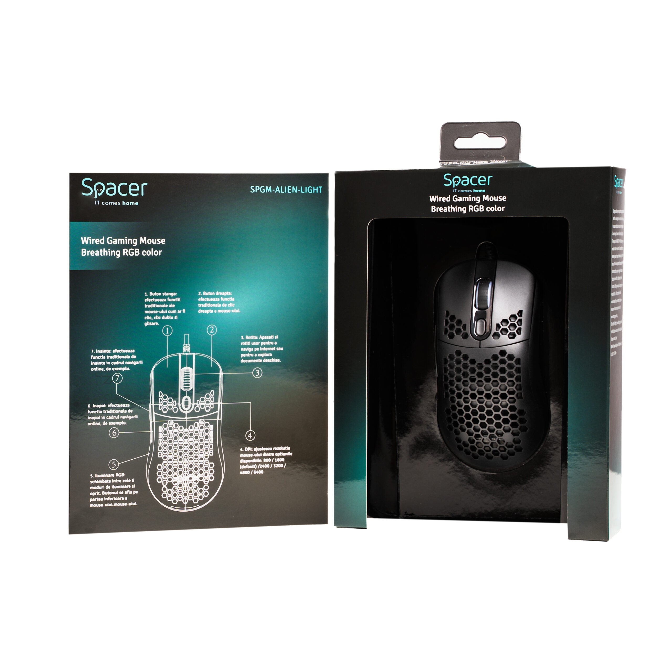 MOUSE Spacer - gaming, gaming, cu fir, USB, optic, 6.400 dpi, butoane/scroll 7/1, iluminare RGB, negru, "SPGM-ALIEN-LIGHT"