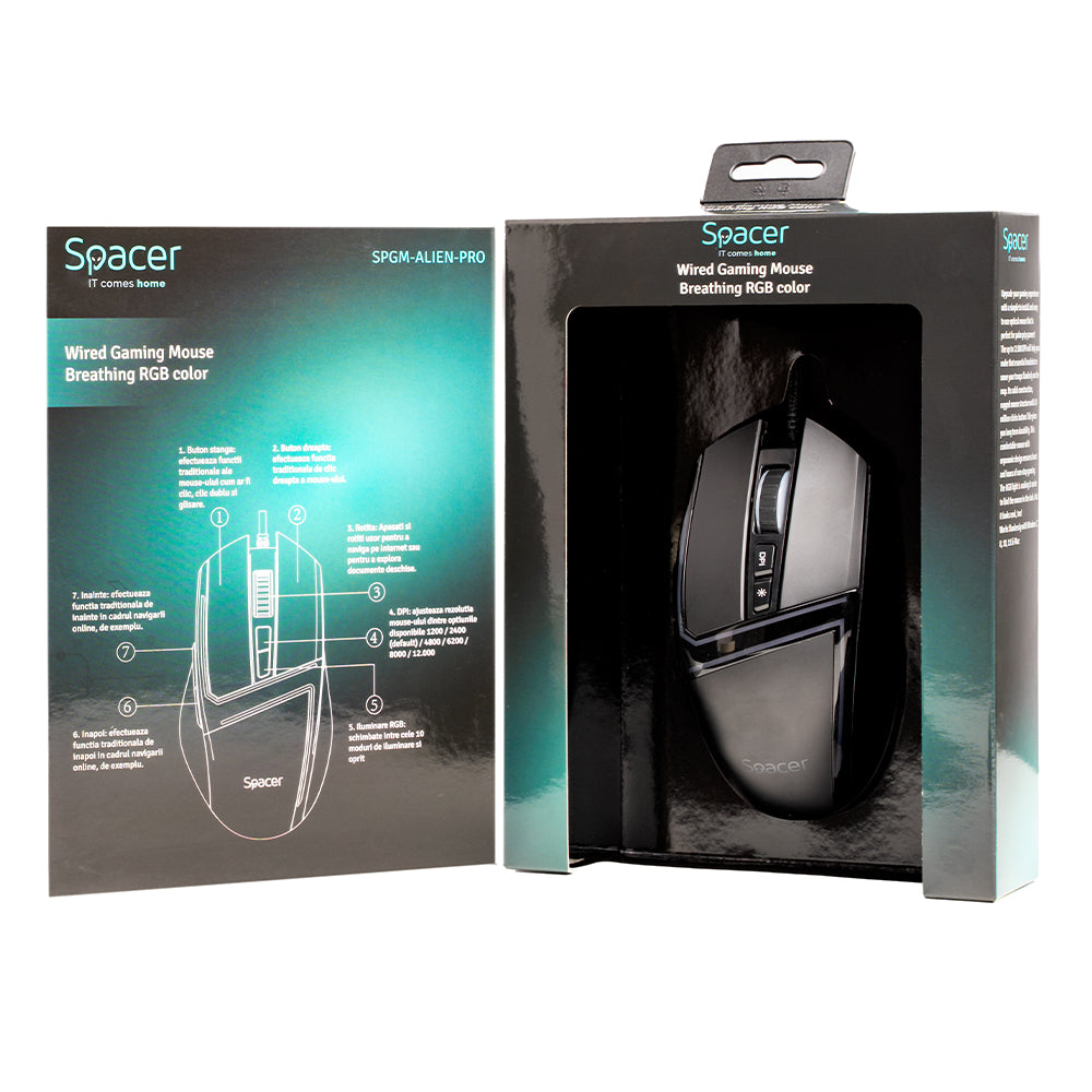 MOUSE Spacer - gaming, gaming, cu fir, USB, optic, 12.000 dpi, butoane/scroll 7/1, iluminare RGB, negru, "SPGM-ALIEN-PRO"