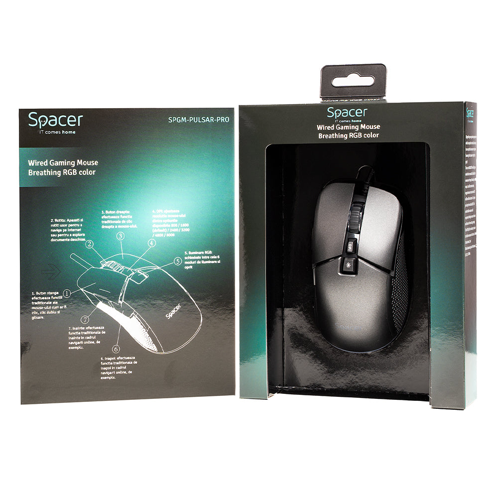 MOUSE Spacer - gaming, gaming, cu fir, USB, optic, rezolutie selectabila max. 8.000 dpi, butoane/scroll 7/1, iluminare RGB, negru, "SPGM-PULSAR-PRO"