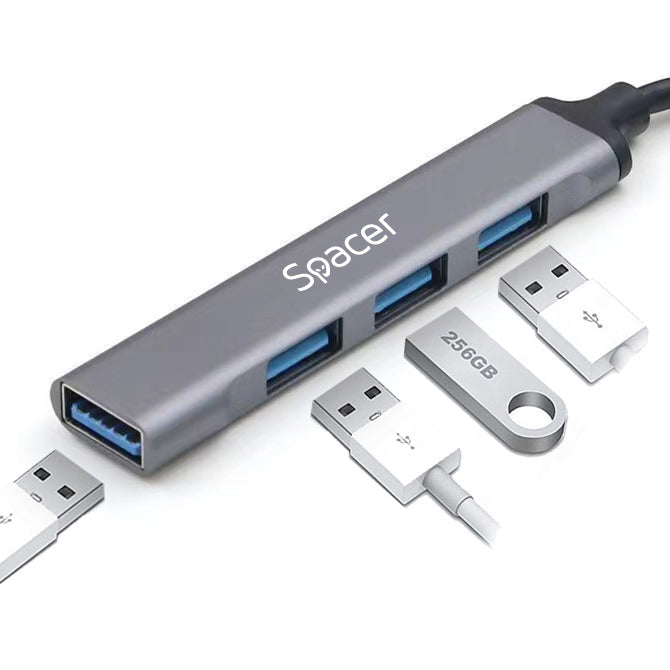 HUB extern SPACER, porturi USB:USB 3.0 X 1, USB 2.0 x 3, conectare prin USB 3.0, cablu 1m, aluminiu, , "SPHB-USB-4U-01"