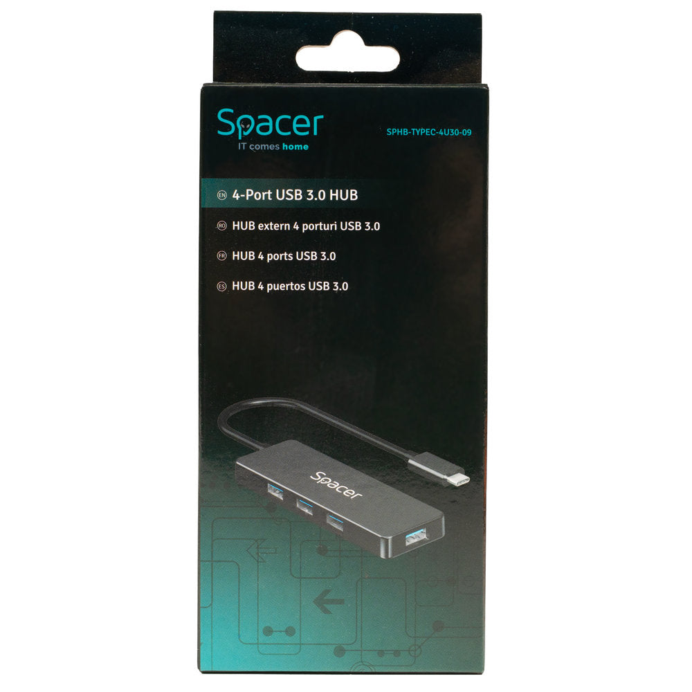 HUB extern SPACER, porturi USB:USB 3.0 X 4, 5V in (Type-C), conectare prin TYPE-C, cablu 15cm, ABS, , "SPHB-TYPEC-4U30-09"