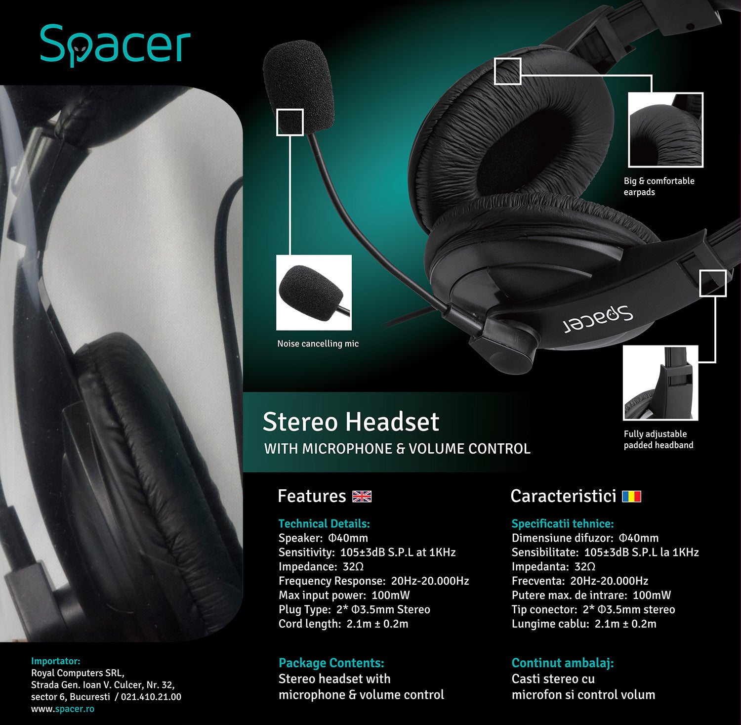 CASTI Spacer, cu fir, standard, utilizare multimedia, microfon pe brat, conectare prin Jack 3.5 mm x 2, negru, "SPK-222"