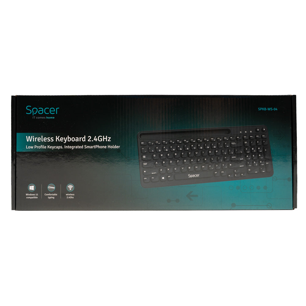 TASTATURA wireless SPACER, 102 taste, low profile keycap, suport telefon, 1 baterie AAA inclusa, neagra, "SPKB-WS-04"