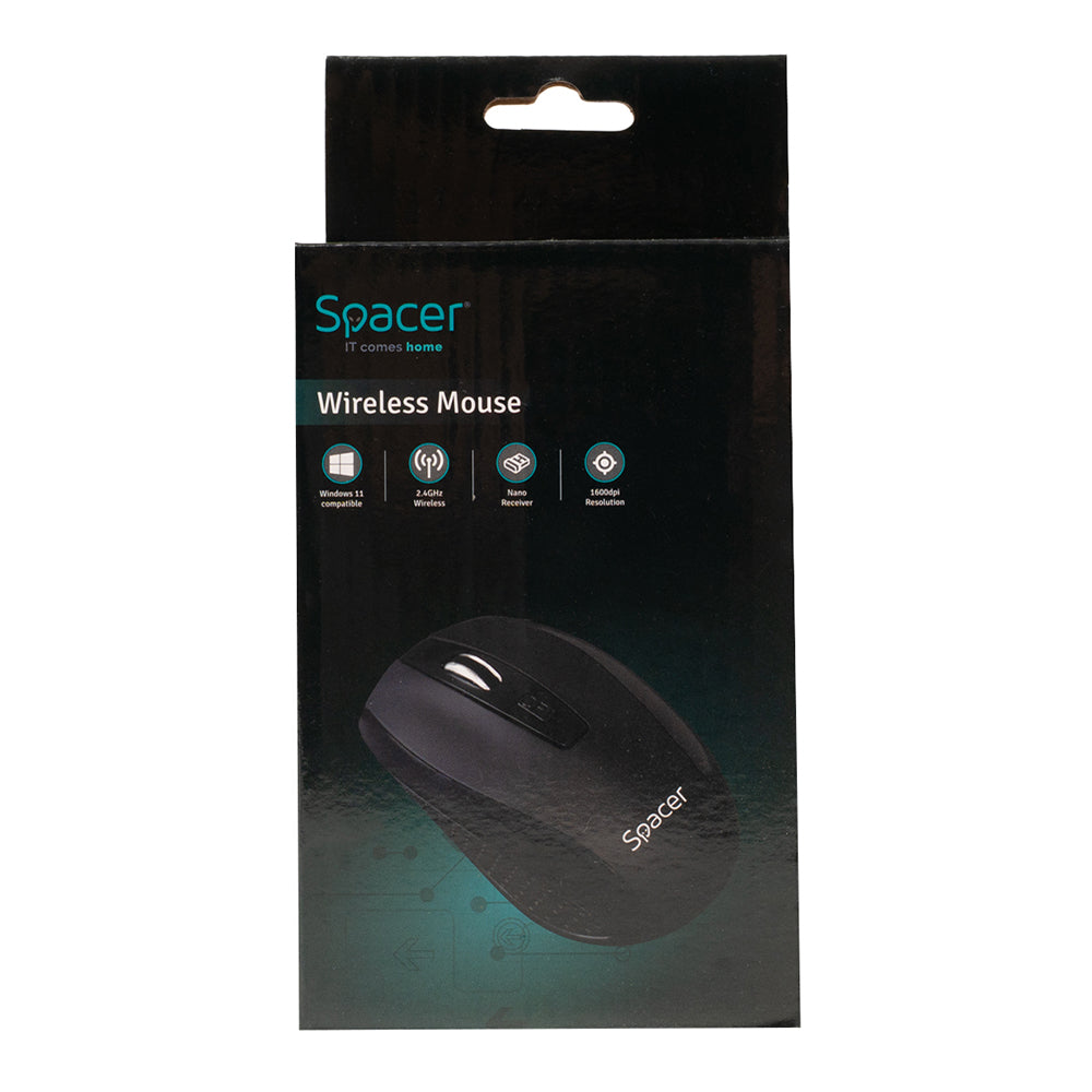 MOUSE Spacer, PC sau NB, wireless, 2.4GHz, optic, max.1600 dpi, butoane/scroll 4/1, rezolutie selectabila, buton ON/OFF, 2 baterii AAA incluse, negru, "SPMO-WS-BK-04"