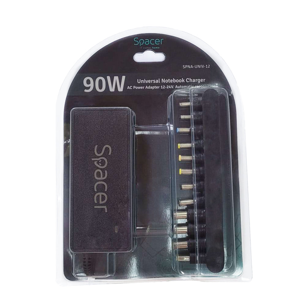 ALIMENTATOR Notebook Universal AC-DC, SPACER, 90W comutare automata tensiune - compatibil cu majoritatea NB, 12 tipuri de mufe, DC15/16/19/19.5/20V, "SPNA-UNIV-12" 45507204