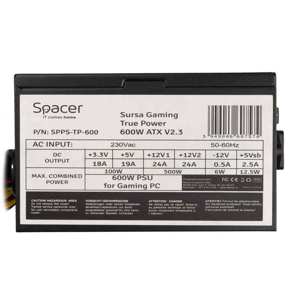SURSA SPACER True Power TP600 (600W for 600W GAMING PC), PFC activ, fan 120mm, MB (20+4) x1, CPU (4+4) x1, PCI-E (6+2) x2, SATA x5, Molex x1, *retail* "SPPS-TP-600"