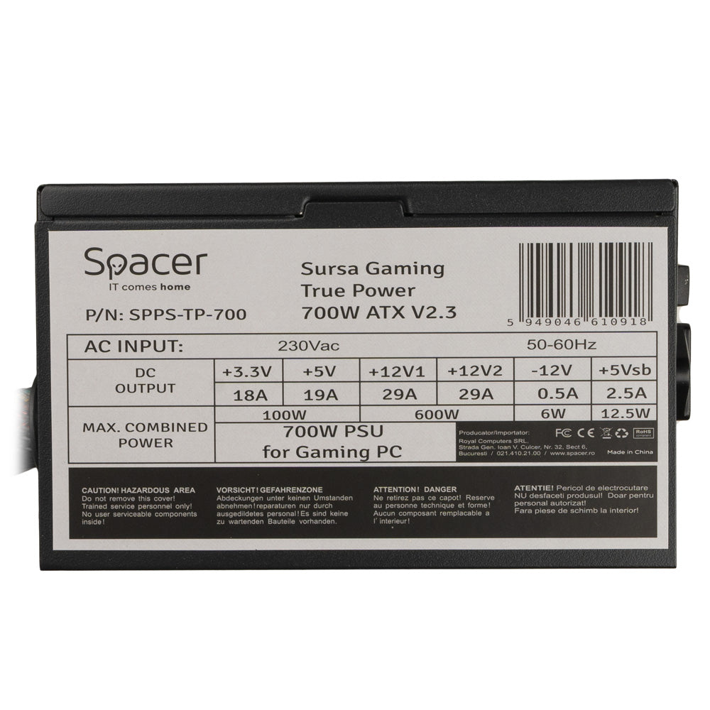 SURSA SPACER True Power TP700 (700W for 700W GAMING PC), PFC activ, fan 120mm, MB (20+4) x1, CPU (4+4) x1, PCI-E (6+2) x2, SATA x5, Molex x1, *retail* "SPPS-TP-700"