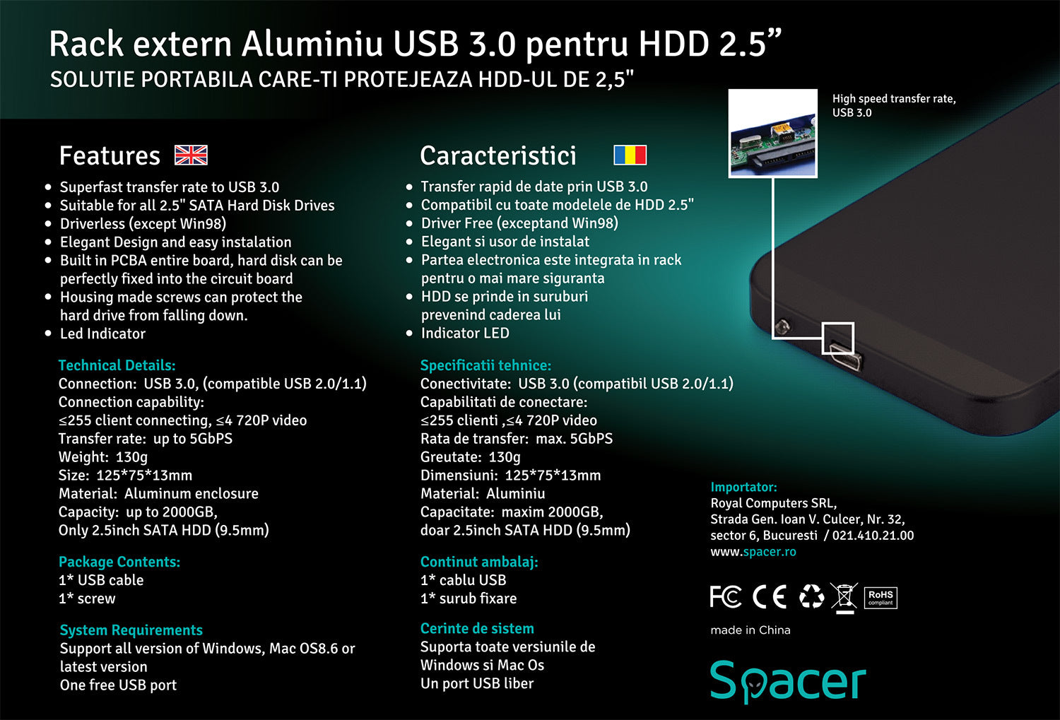 RACK extern SPACER, pt HDD/SSD, 2.5 inch, S-ATA, interfata PC USB 3.0, Husa piele sintetitca, aluminiu, negru, "SPR-25611" 45503295