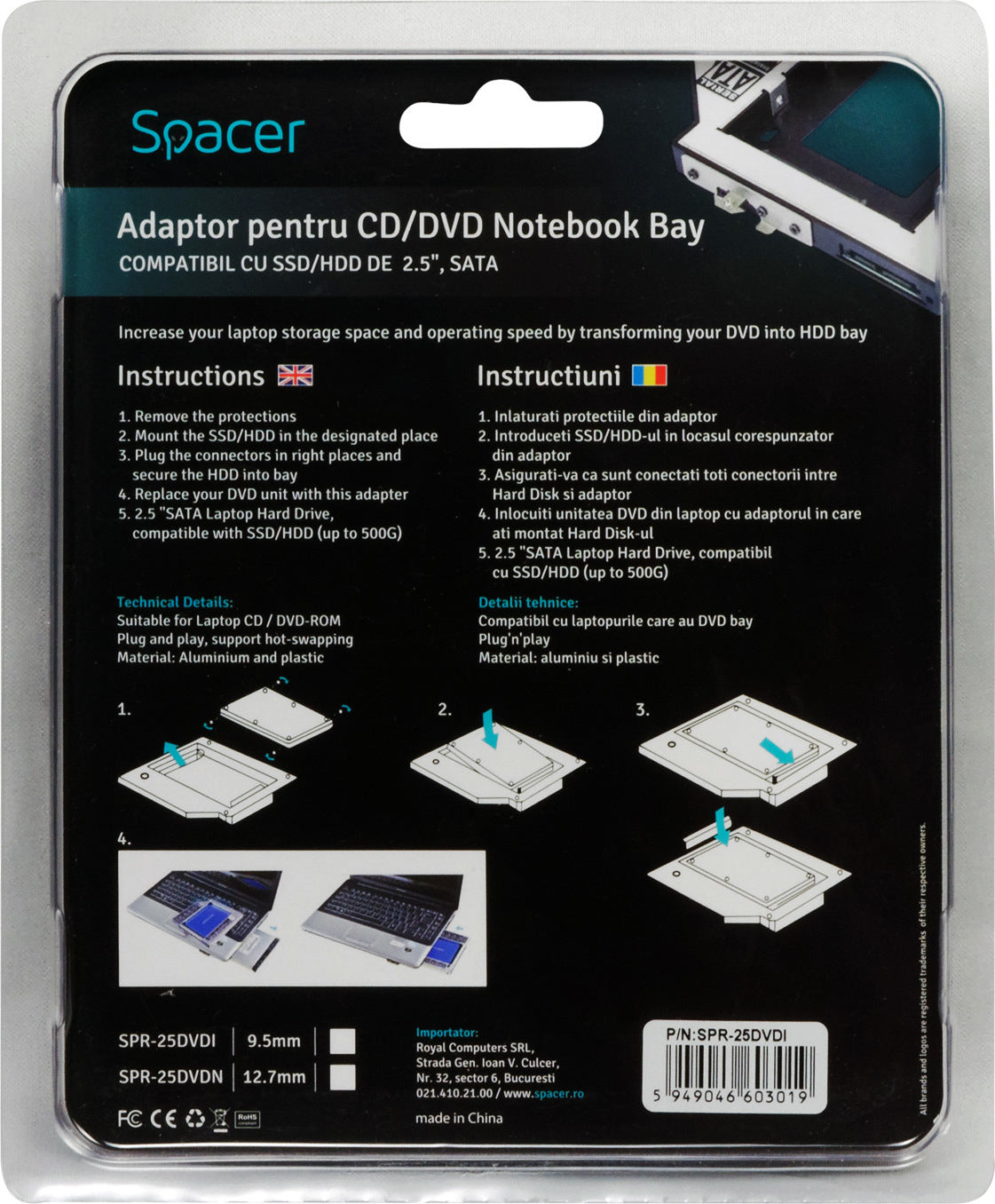 RACK intern SPACER, tip caddy 9.5mm, 5.25 inch la 2.5 inch, S-ATA, interfata PC S-ATA, metal, negru, "SPR-25DVDI"