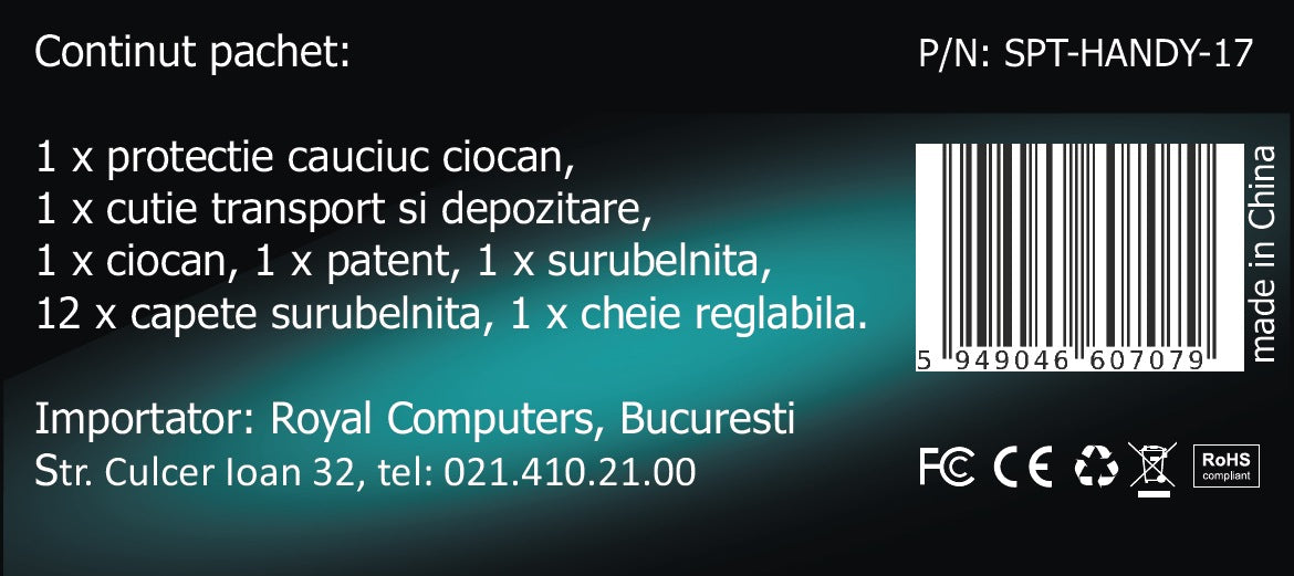 TRUSA scule SPACER contine 1 x ciocan, 1 x patent, 1 x surubelnita, 12 x capete surubelnita, 1 x cheie reglabila, 1 x protectie cauciuc ciocan, 1 x cutie transport si depozitare " SPT-HANDY-17"