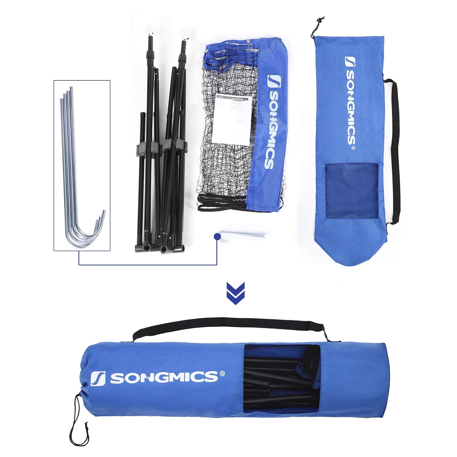 SONGMICS Fileu badminton portabil cu geanta transport, pentru tenis si volei, 400x103 cm, inaltime reglabila pana la 155 cm, albastru