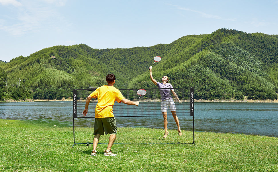 SONGMICS Fileu badminton portabil cu geanta transport, pentru tenis si volei, 500x103 cm, inaltime reglabila pana la 155 cm