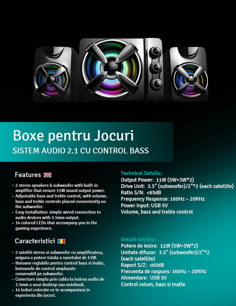 BOXE SPACER Gaming 2.1, RMS: 11W (2 x 3W + 5W), control volum, bass si inalte, subwoofer lemn MDF, 3 x LED, USB power, black, "SPB-THUNDER" 43501938