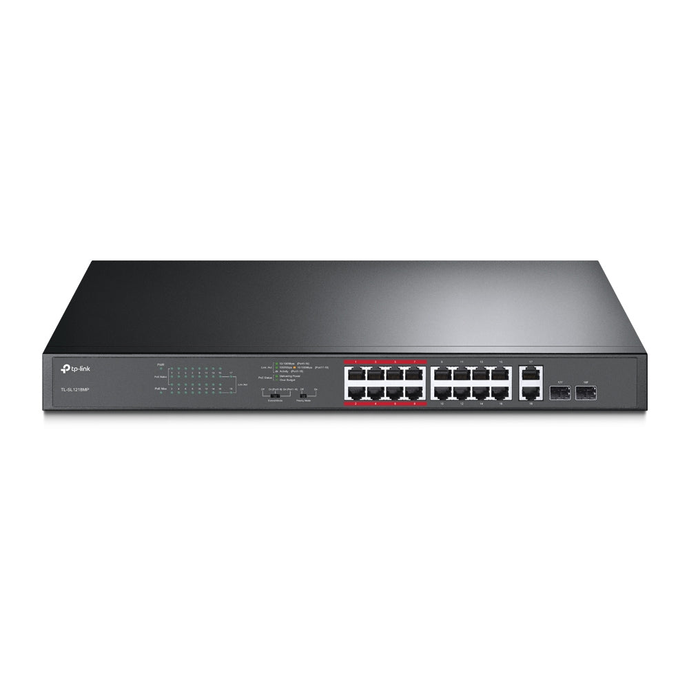 SWITCH TP-LINK 16 porturi 10/100 Mbps POE, 2 porturi 10/100/1000 Mbps, 2 porturi SFP Gigabit, carcasa metalica, rackabil "TL-SL1218MP"