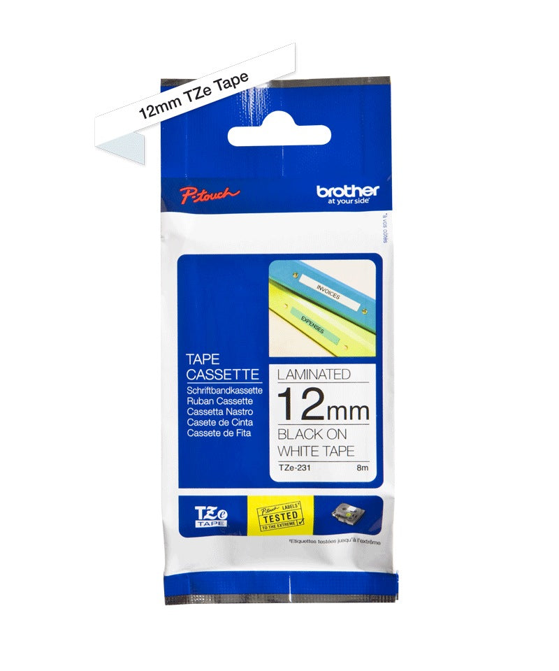 Banda Laminata Original Brother Black on White, TZE231, pentru H105WB|P-TOUCH PT-E110VP|D400|D450|D600VP|E300VP|E550WVP|H110|H500|P700|P750W|PT-D210|PT-D210VP, 12mm x 8m, incl.TV 0 RON, "TZE231"