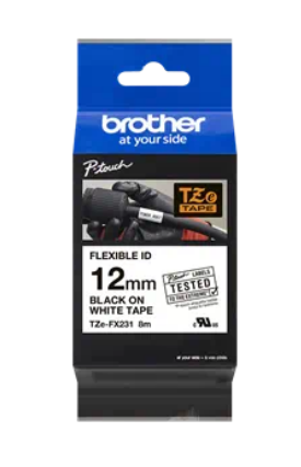Banda laminata Original Brother Black on White, TZEFX231, pentru E105|E110|H100|H101|H105|H110|H111|P300|128|200|1000|1010|1090|1100|1120|1130|1160|1170|1180|1190|1200|1230|1280|1290|6100|7100|ST1150, 12mm, incl.TV 0 RON, "TZEFX231"