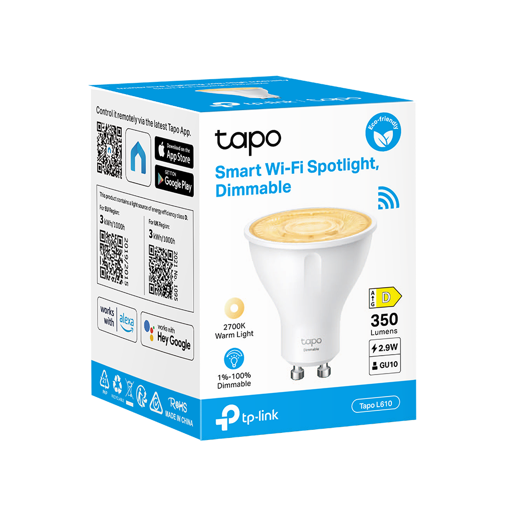 BEC LED wireless TP-LINK, 350lm, 2.9W, fasung GU10, lumina calda 2700K , control prin smartph.cu apl.Tapo, ajustare automata a luminii in fct. de mom zilei "Tapo L610" (include timbru verde 0.60 lei)
