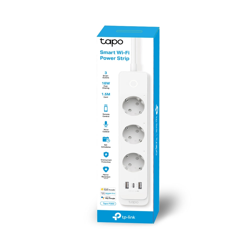 PRELUNGITOR inteligent TP-LINK, Schukox3, USB x 2, USB Type-C x 1, lung cablu 1.5m,monitorizarea energiei, conec Schuko (T), 10 A,prog prin smartph, BT, WiFi, alb "Tapo P300"