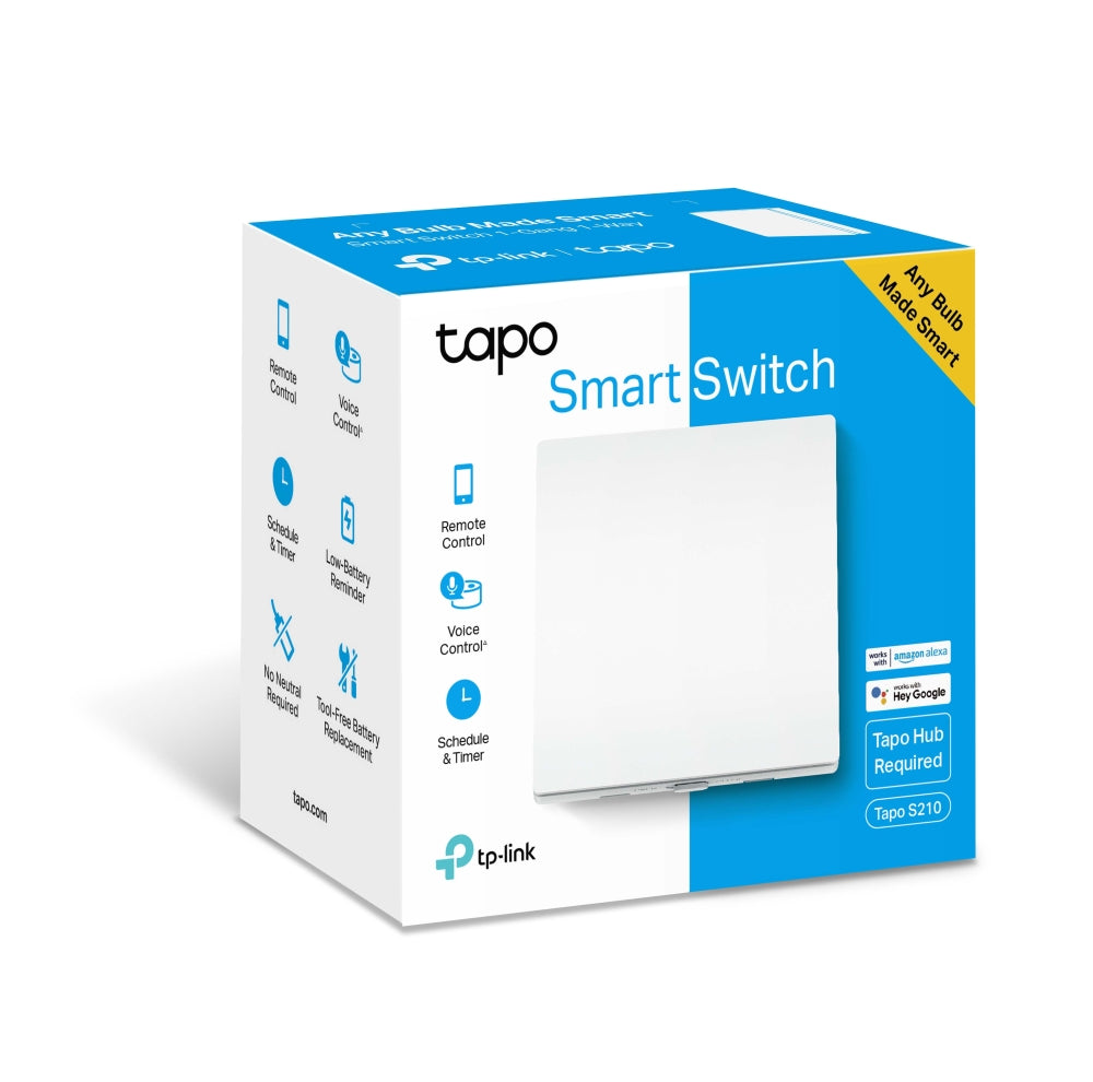 INTRERUPATOR inteligent TP-LINK, necesita hub Tapo H100 pentru functionare, programare prin smartphone aplicatia Tapo, 2 x baterii AAA, WiFi, alb "Tapo S210"