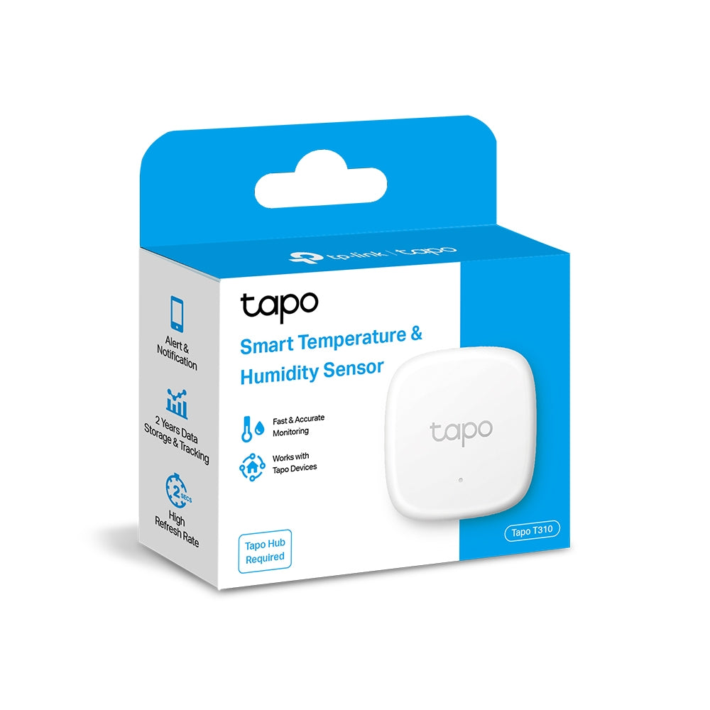 SENZOR SMART de temperatura si umiditate TP-LINK, necesita hub Tapo H100 pentru functionare, programare prin smartphone aplicatia Tapo, 1xbaterii CR2450, WiFi, alb "Tapo T310"