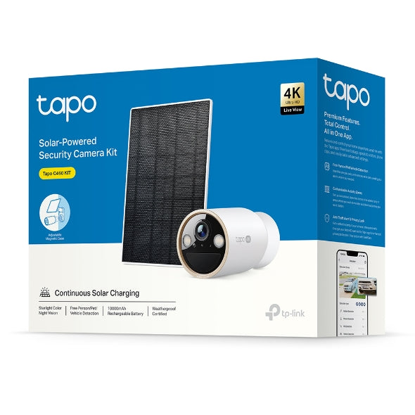 CAMERA IP TP-LINK + PANOU SOLAR, wireless, bullet, pt.exterior, dist. IR 9 m, tip lentila fixa 4 mm, 4K 8MP (3840 × 2160 px), acumulator inclus, microfon, carcasa plastic, slot SD card, "Tapo C460 KIT"