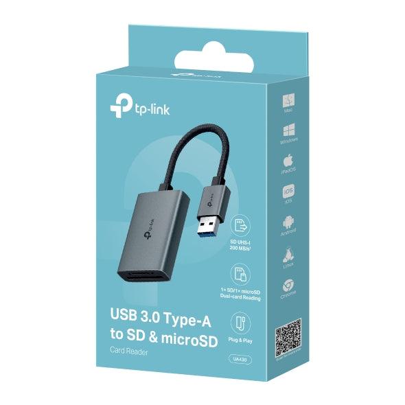 CARD READER extern TP-Link, interfata USB 3.0, citeste/scrie: SD si microSD, suporta carduri maxim 1 TB, lungime cablu 15 cm, metalic, gri "UA430"