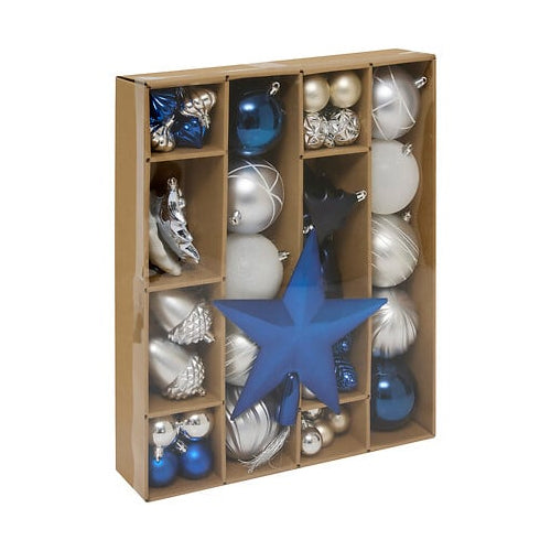 Set decoratiuni pentru brad Quiet Times, 60 piese, alb, albastru, argintiu