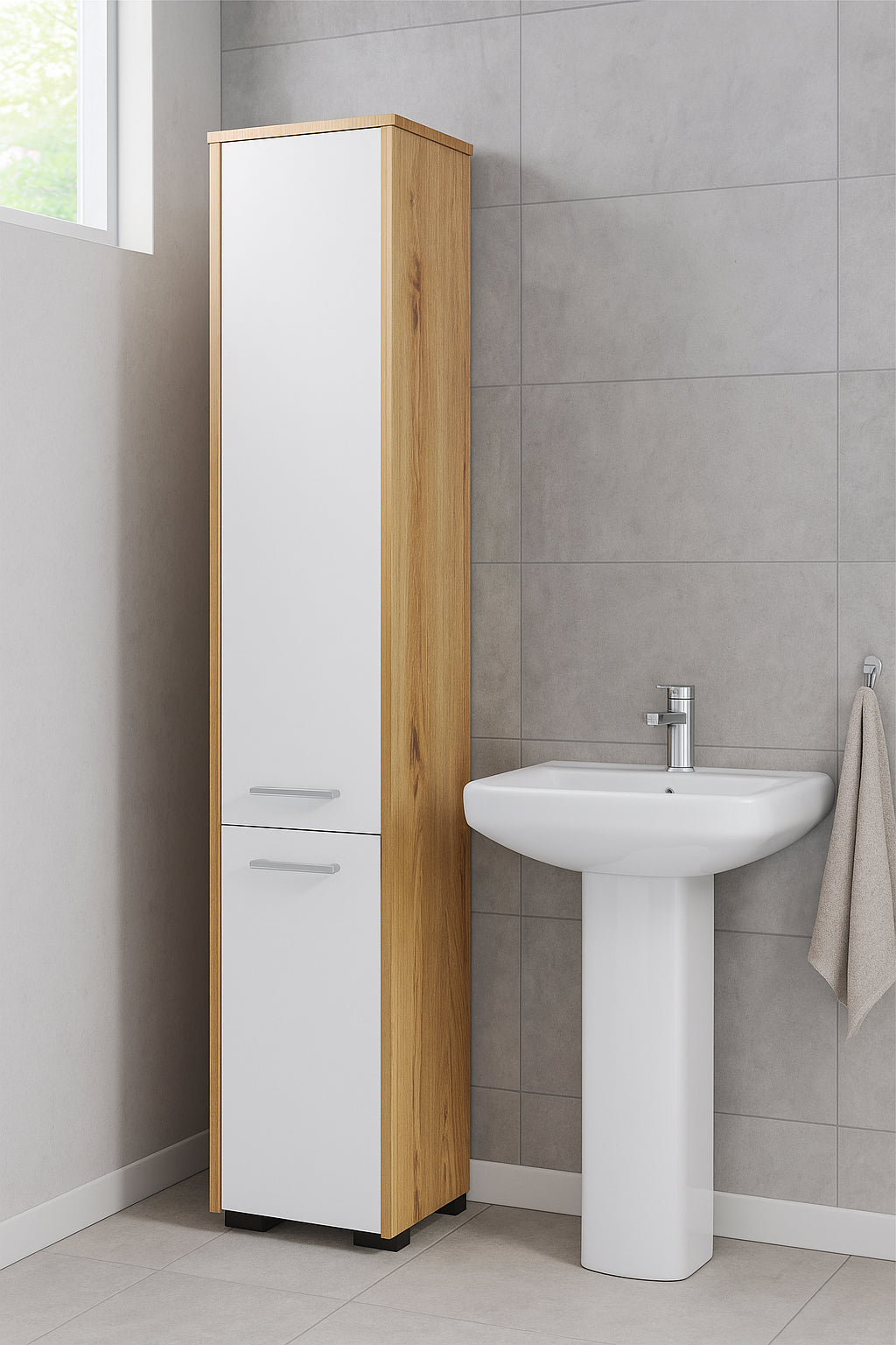 Dulap baie tip coloana cu 2 usi si 5 rafturi, PAL laminat, 30x30x140 cm, stejar artisan si alb