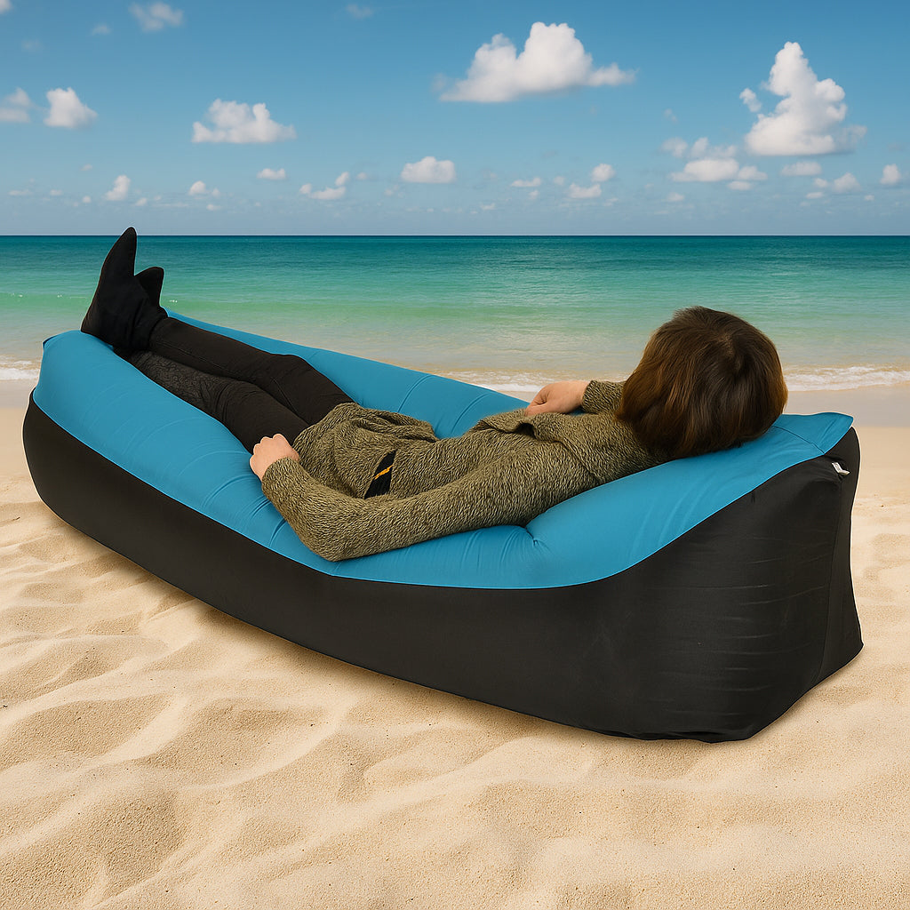 Saltea gonflabila pentru plaja cu pliere rapida, maxim 180kg, 180x70x50 cm, albastru si negru