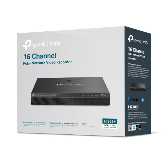 NVR TP-Link VIGI, PoE+ cu 16 canale de retea, 140 W PoE Budget, capacitate max 10 TB, porturi HDMI | VGA | Retea RJ45 | 2 x USB 2.0, "VIGI NVR2016H-16MP" (include timbru verde 1.75 lei)