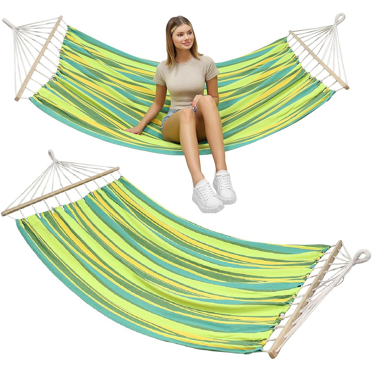 Hamac dublu cu bare din lemn, pentru 2 persoane, bumbac, 150kg, 200x150 cm, verde si galben