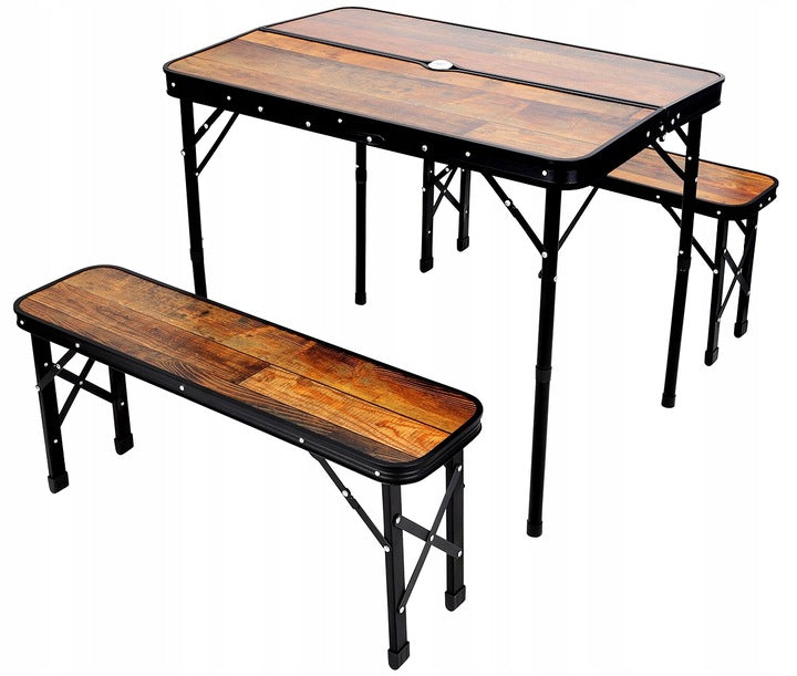 Set mobilier de camping pliabil, masa cu 2 banci, structura otel cu blat MDF, 90x60cm, maro